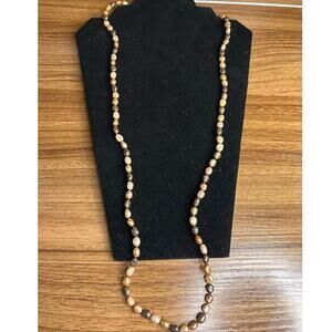 Long Brown Genuine Pearl Necklace Beaded Knotted Chocolate Golden 36 Inch